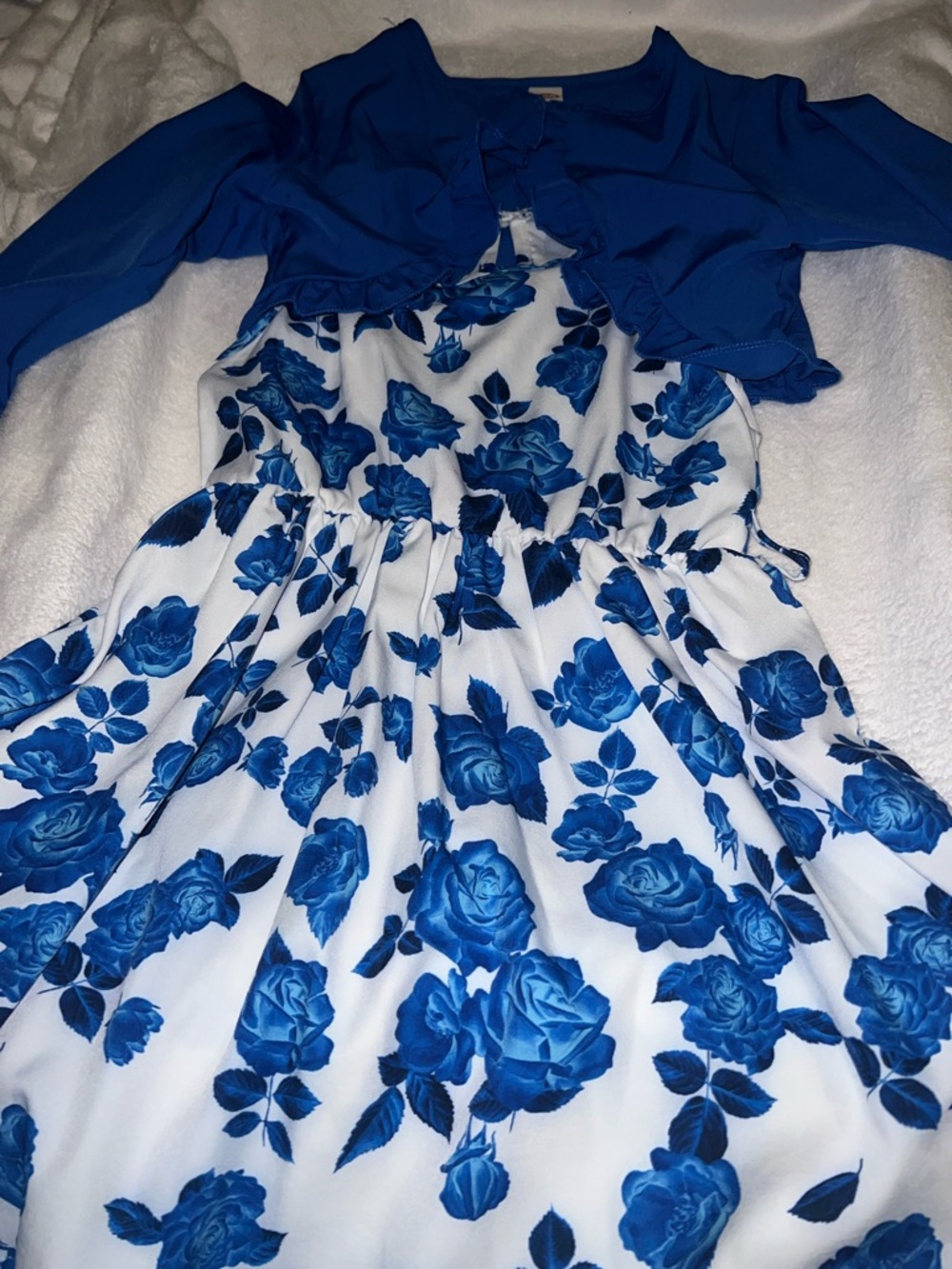 Blue Floral Print Girls' Dress with Bolero